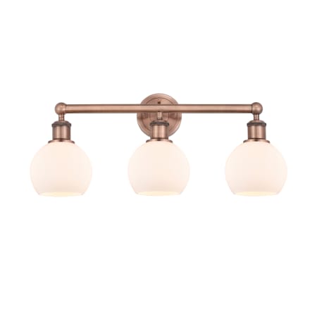 A large image of the Innovations Lighting 616-3W-11-24 Athens Vanity Antique Copper / Matte White