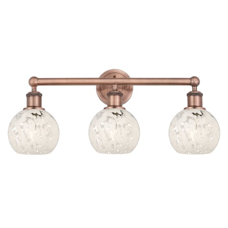 A large image of the Innovations Lighting 616-3W 10 24 White Mouchette Vanity Antique Copper