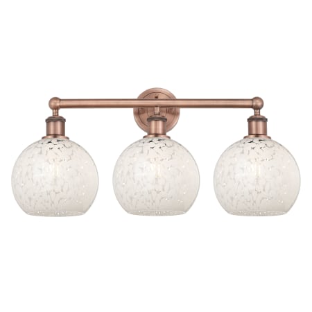 A large image of the Innovations Lighting 616-3W 12 26 White Mouchette Vanity Antique Copper