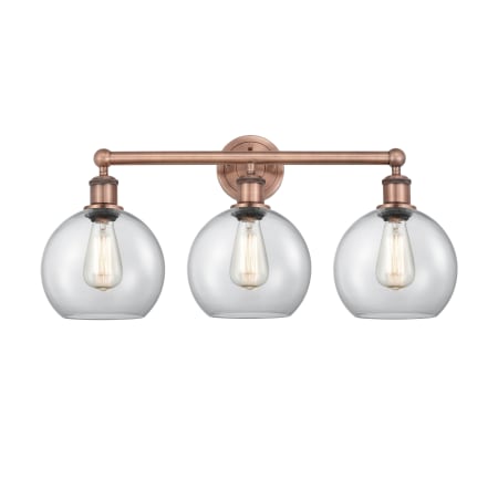 A large image of the Innovations Lighting 616-3W-13-26 Athens Vanity Antique Copper / Clear