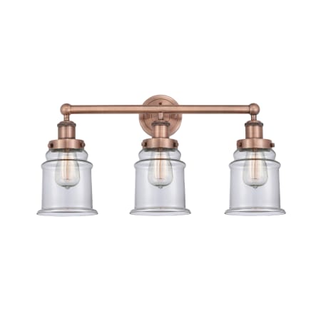 A large image of the Innovations Lighting 616-3W-13-24 Canton Vanity Antique Copper / Clear