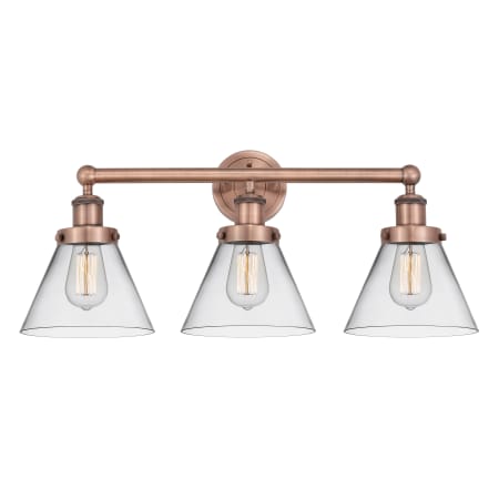 A large image of the Innovations Lighting 616-3W-12-26 Cone Vanity Antique Copper / Clear