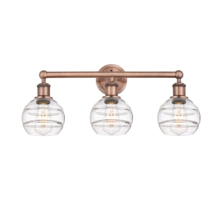 A large image of the Innovations Lighting 616-3W 10 24 Rochester Vanity Antique Copper / Clear