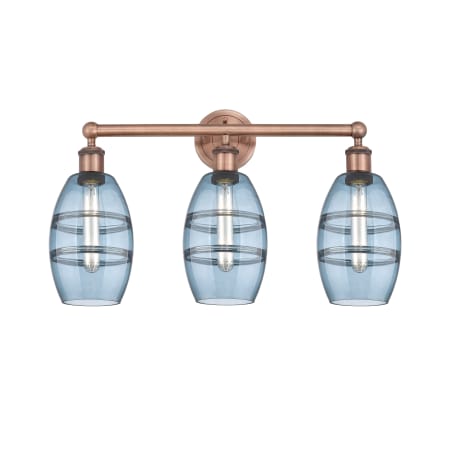 A large image of the Innovations Lighting 616-3W 10 24 Vaz Vanity Antique Copper / Princess Blue