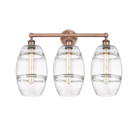 A large image of the Innovations Lighting 616-3W 12 26 Vaz Vanity Antique Copper / Clear