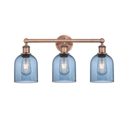 A large image of the Innovations Lighting 616-3W 12 24 Bella Vanity Antique Copper / Princess Blue