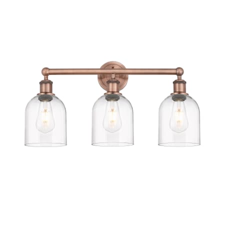 A large image of the Innovations Lighting 616-3W 12 24 Bella Vanity Antique Copper / Clear