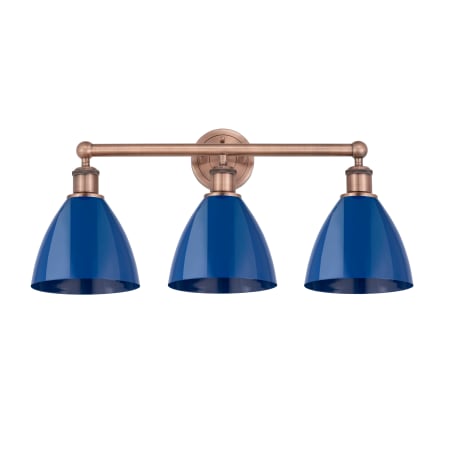 A large image of the Innovations Lighting 616-3W-12-26 Plymouth Dome Vanity Antique Copper / Blue