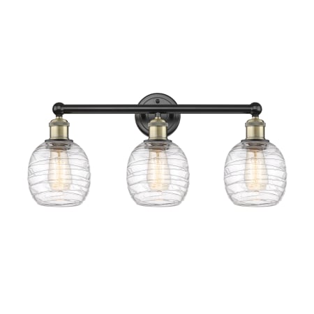 A large image of the Innovations Lighting 616-3W-12-24 Belfast Vanity Black Antique Brass / Deco Swirl