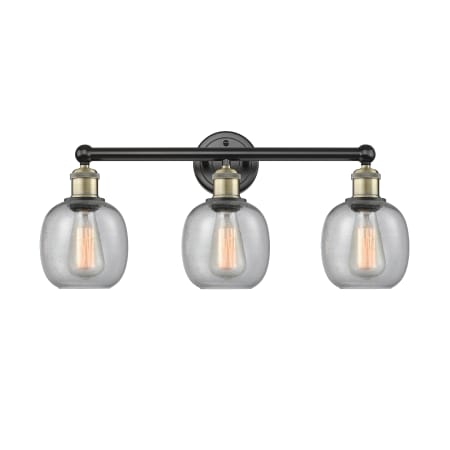 A large image of the Innovations Lighting 616-3W-12-24 Belfast Vanity Black Antique Brass / Seedy