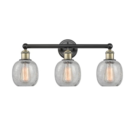 A large image of the Innovations Lighting 616-3W-12-24 Belfast Vanity Black Antique Brass / Clear Crackle