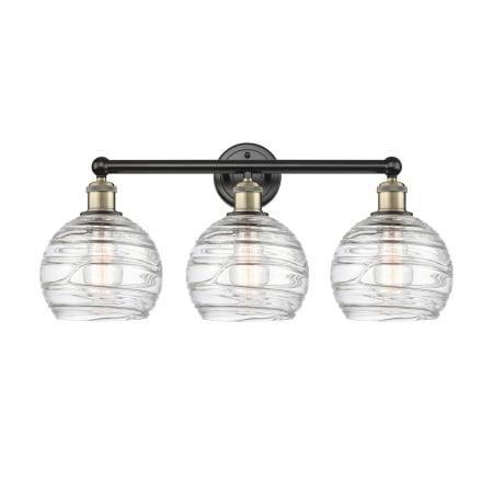 A large image of the Innovations Lighting 616-3W-13-26 Athens Vanity Black Antique Brass / Clear Deco Swirl