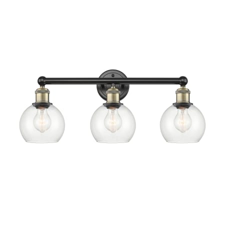 A large image of the Innovations Lighting 616-3W-11-24 Athens Vanity Black Antique Brass / Clear