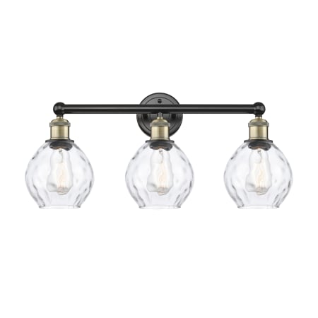 A large image of the Innovations Lighting 616-3W-11-24 Waverly Vanity Black Antique Brass / Clear