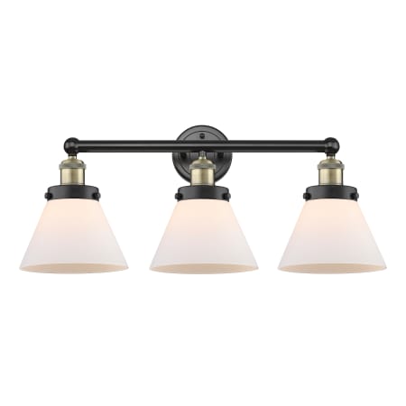 A large image of the Innovations Lighting 616-3W-12-26 Cone Vanity Black Antique Brass / Matte White