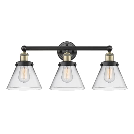 A large image of the Innovations Lighting 616-3W-12-26 Cone Vanity Black Antique Brass / Clear