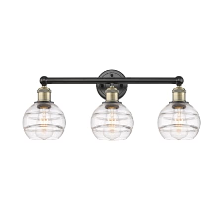 A large image of the Innovations Lighting 616-3W 10 24 Rochester Vanity Black Antique Brass / Clear