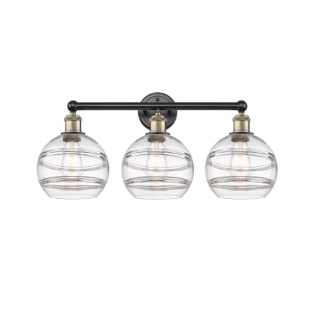 A large image of the Innovations Lighting 616-3W 12 26 Rochester Vanity Black Antique Brass / Clear