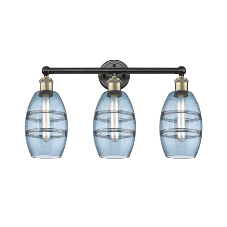 A large image of the Innovations Lighting 616-3W 10 24 Vaz Vanity Black Antique Brass / Princess Blue