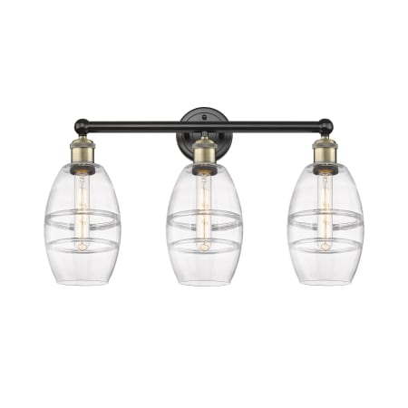 A large image of the Innovations Lighting 616-3W 10 24 Vaz Vanity Black Antique Brass / Clear