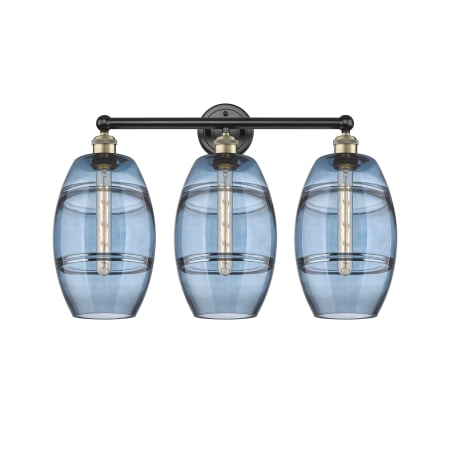 A large image of the Innovations Lighting 616-3W 12 26 Vaz Vanity Black Antique Brass / Princess Blue