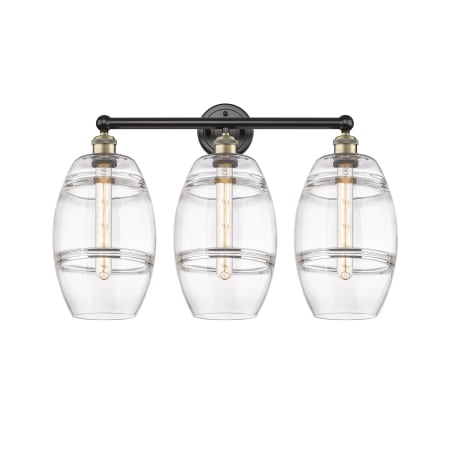 A large image of the Innovations Lighting 616-3W 12 26 Vaz Vanity Black Antique Brass / Clear