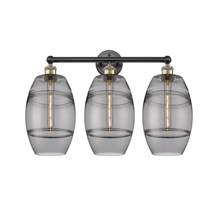 A large image of the Innovations Lighting 616-3W 12 26 Vaz Vanity Black Antique Brass / Light Smoke