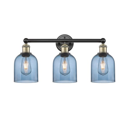 A large image of the Innovations Lighting 616-3W 12 24 Bella Vanity Black Antique Brass / Princess Blue