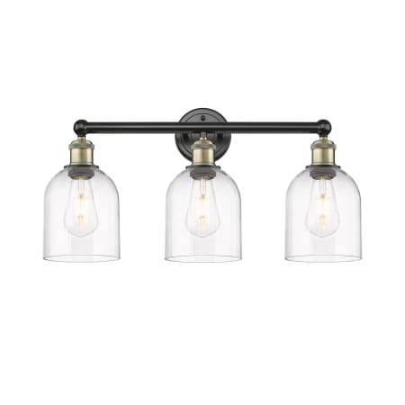 A large image of the Innovations Lighting 616-3W 12 24 Bella Vanity Black Antique Brass / Clear