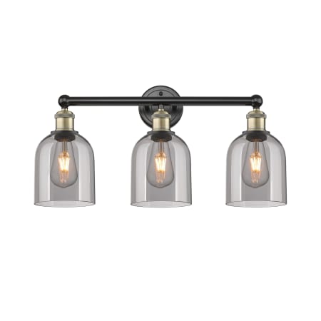 A large image of the Innovations Lighting 616-3W 12 24 Bella Vanity Black Antique Brass / Light Smoke