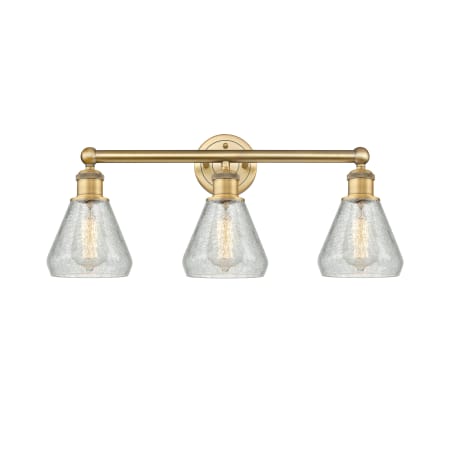 A large image of the Innovations Lighting 616-3W-13-24 Conesus Vanity Brushed Brass / Clear Crackle