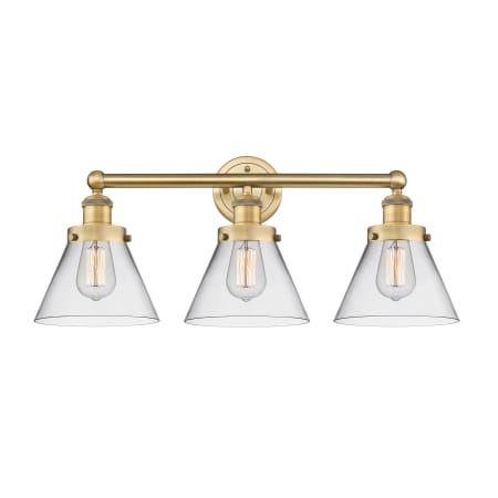 A large image of the Innovations Lighting 616-3W-12-26 Cone Vanity Brushed Brass / Clear