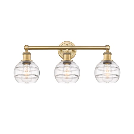 A large image of the Innovations Lighting 616-3W 10 24 Rochester Vanity Brushed Brass / Clear