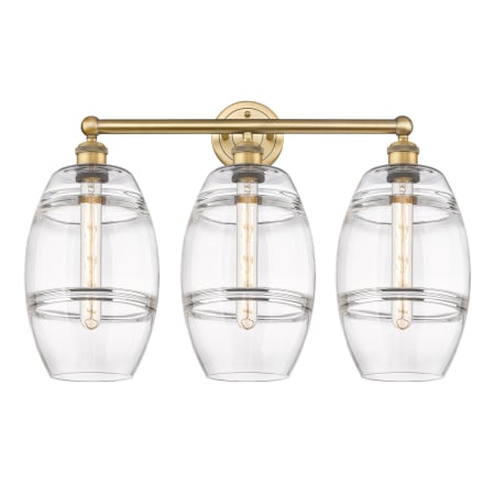 A large image of the Innovations Lighting 616-3W 12 26 Vaz Vanity Brushed Brass / Clear