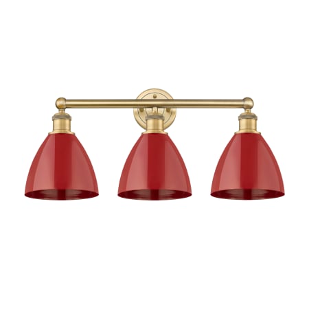 A large image of the Innovations Lighting 616-3W-12-26 Plymouth Dome Vanity Brushed Brass / Red