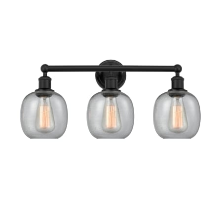 A large image of the Innovations Lighting 616-3W-12-24 Belfast Vanity Matte Black / Seedy