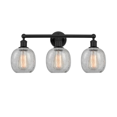 A large image of the Innovations Lighting 616-3W-12-24 Belfast Vanity Matte Black / Clear Crackle