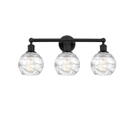 A large image of the Innovations Lighting 616-3W-11-24 Athens Vanity Matte Black / Clear Deco Swirl