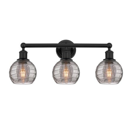 A large image of the Innovations Lighting 616-3W 10 24 Athens Deco Swirl Vanity Matte Black / Light Smoke Deco Swirl