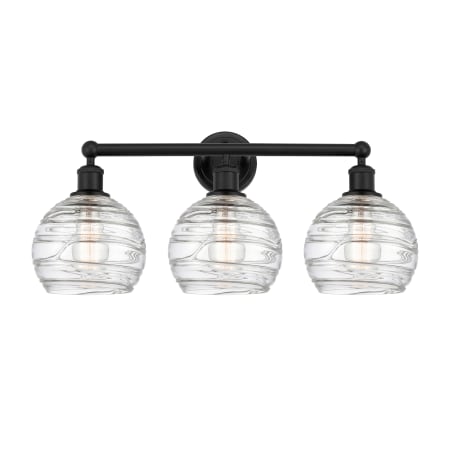 A large image of the Innovations Lighting 616-3W-13-26 Athens Vanity Matte Black / Clear Deco Swirl