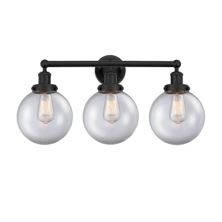 A large image of the Innovations Lighting 616-3W-10-25-L Beacon Vanity Matte Black / Clear