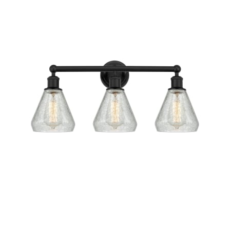 A large image of the Innovations Lighting 616-3W-13-24 Conesus Vanity Matte Black / Clear Crackle