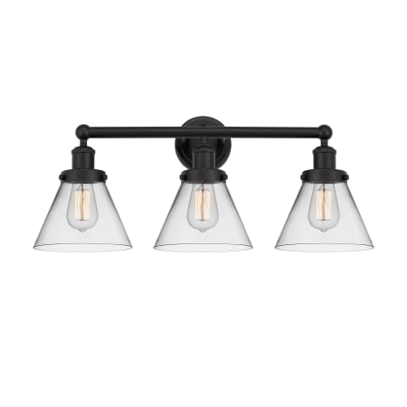 A large image of the Innovations Lighting 616-3W-12-26 Cone Vanity Matte Black / Clear