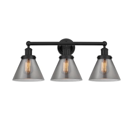 A large image of the Innovations Lighting 616-3W-12-26 Cone Vanity Matte Black / Plated Smoke