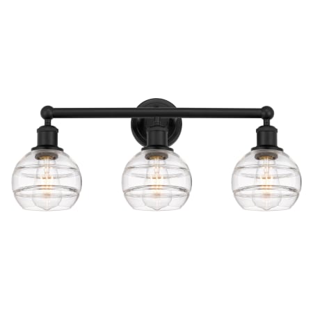 A large image of the Innovations Lighting 616-3W 10 24 Rochester Vanity Matte Black / Clear