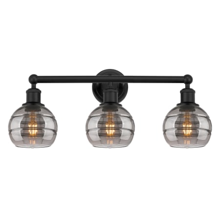 A large image of the Innovations Lighting 616-3W 10 24 Rochester Vanity Matte Black / Light Smoke