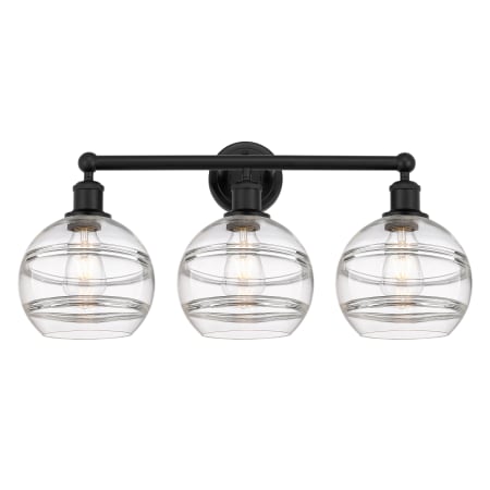 A large image of the Innovations Lighting 616-3W 12 26 Rochester Vanity Matte Black / Clear