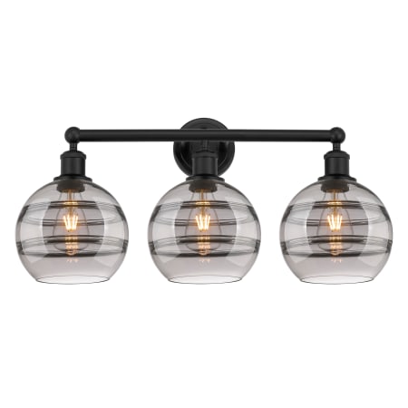 A large image of the Innovations Lighting 616-3W 12 26 Rochester Vanity Matte Black / Light Smoke