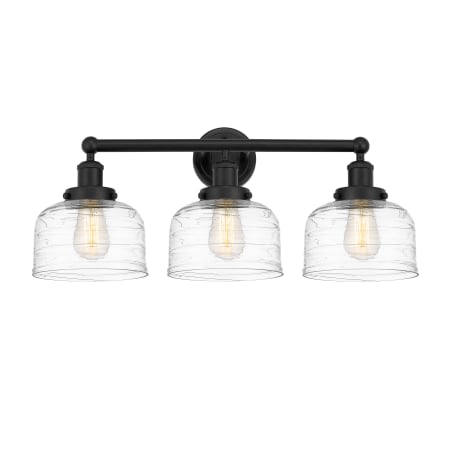 A large image of the Innovations Lighting 616-3W-10-25-L Bell Vanity Matte Black / Clear Deco Swirl