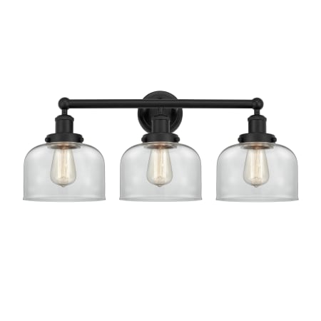 A large image of the Innovations Lighting 616-3W-10-25-L Bell Vanity Matte Black / Clear